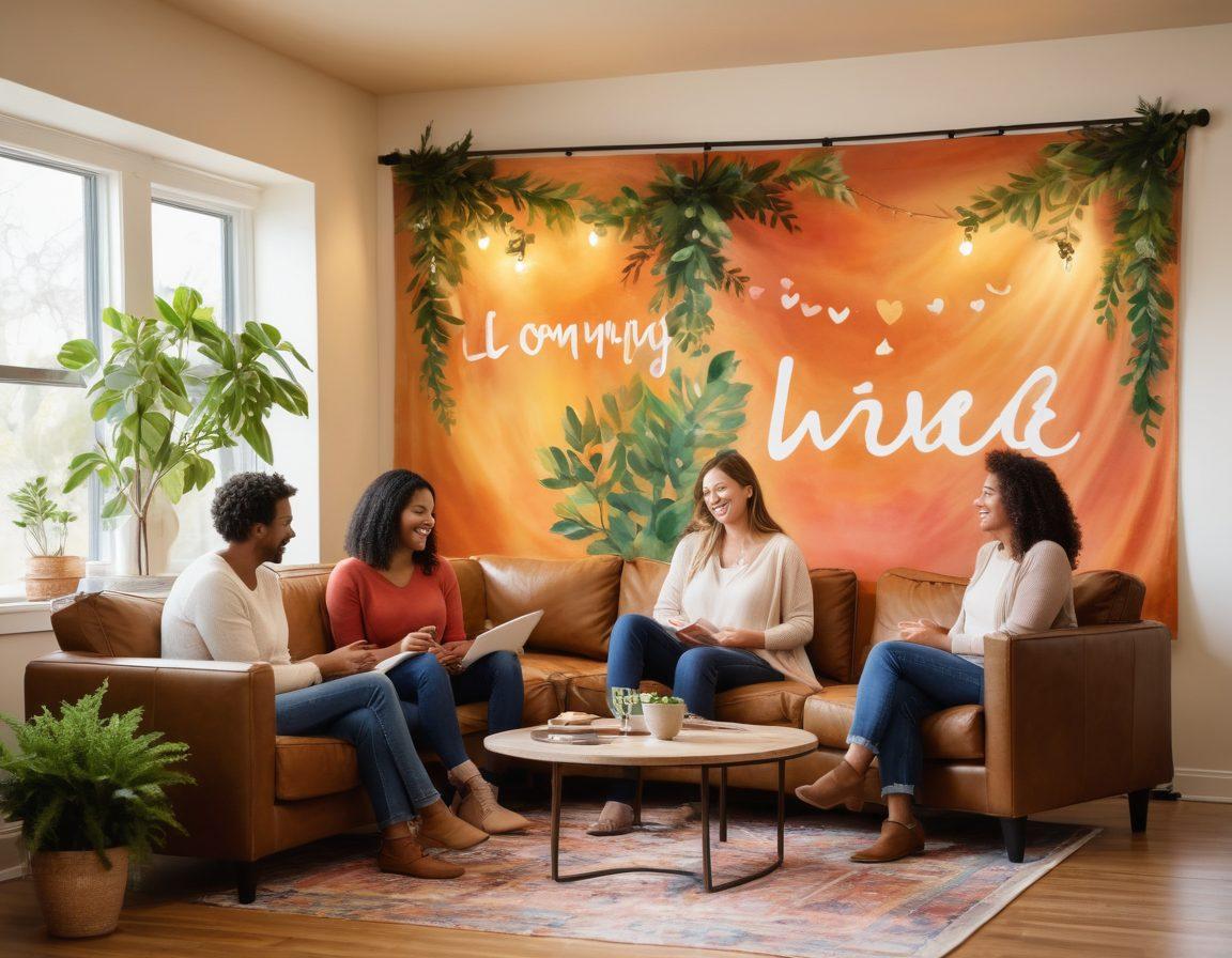 A vibrant scene of diverse adults engaging in various activities like laughing, sharing stories, and collaborating in a cozy community space. Soft lighting enhances the warm atmosphere, with heart symbols subtly integrated into the decor. A large banner in the background reads 'Connecting Hearts and Minds'. Include elements of greenery and comfortable seating to evoke a sense of belonging. painting. vibrant colors. warm tones.