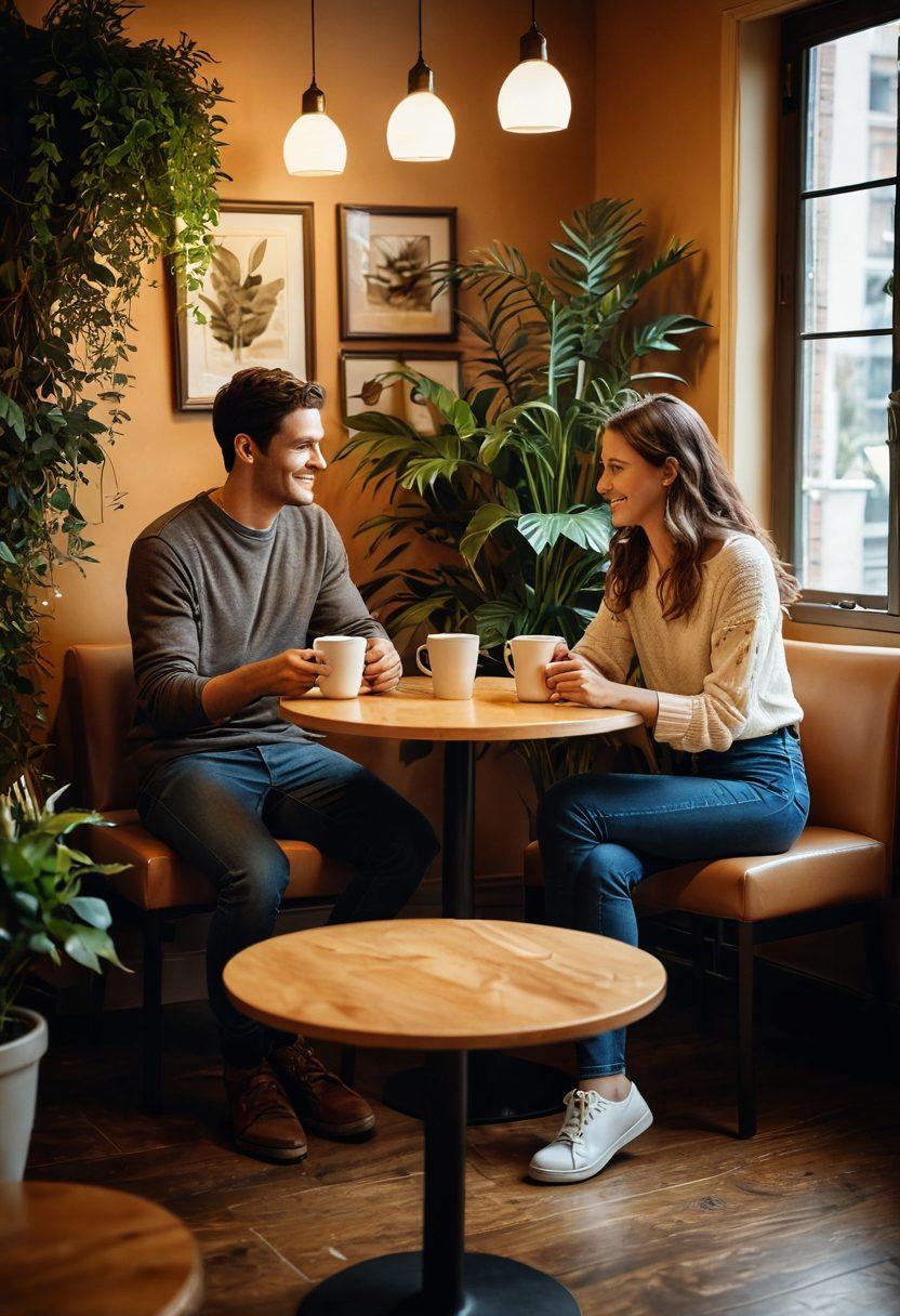A warm, inviting scene depicting two adults enjoying a deep conversation in a cozy café, surrounded by soft lighting and plants, symbolizing connection and growth. Include small details like coffee cups with heart shapes, and a connection between their hands, representing the transition from casual encounters to profound relationships. Portrait orientation. super-realistic. warm colors. cozy atmosphere.