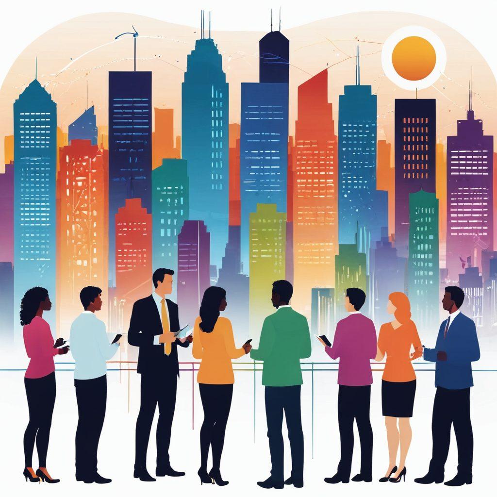 A vibrant and lively illustration of diverse adults engaging in various networking activities—such as small group discussions, exchanging business cards, and collaborating on projects—set against a dynamic city skyline. Include subtle symbols of connection like glowing lines or dotted paths linking individuals. Create an inviting atmosphere filled with warmth and enthusiasm. vector art. vibrant colors. white background.
